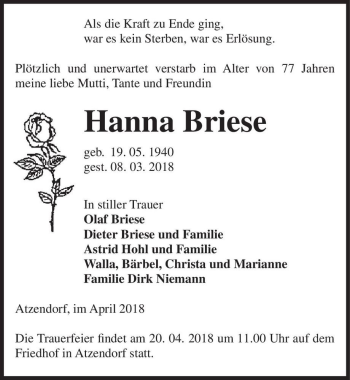 Traueranzeige von Hanna Briese  von Magdeburger Volksstimme