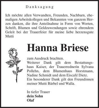 Traueranzeige von Hanna Briese  von Magdeburger Volksstimme