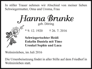 Traueranzeige von Hanna Brunke (geb. Döring)  von Magdeburger Volksstimme