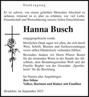 Traueranzeige von Hanna Busch  von Magdeburger Volksstimme
