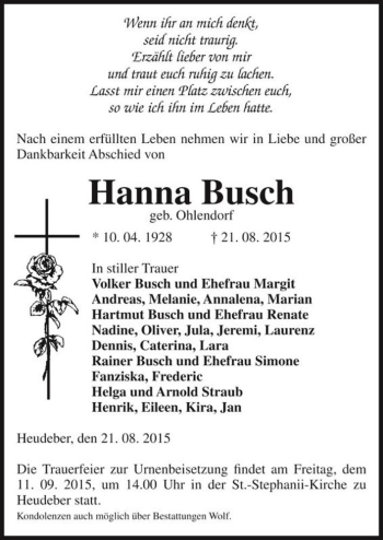 Traueranzeige von Hanna Busch (geb. Ohlendorf)  von Magdeburger Volksstimme