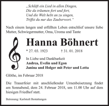 Traueranzeige von Hanna Böhnert  von Magdeburger Volksstimme