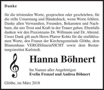 Traueranzeige von Hanna Böhnert  von Magdeburger Volksstimme
