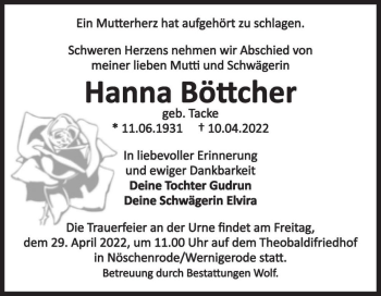 Traueranzeige von Hanna Böttcher (geb. Tacke)  von Magdeburger Volksstimme