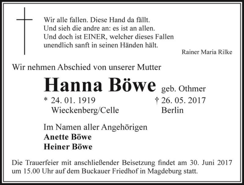  Traueranzeige für Hanna Böwe (geb. Othmer)  vom 16.06.2017 aus Magdeburger Volksstimme