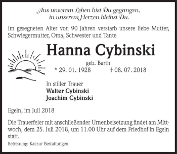 Traueranzeige von Hanna Cybinski (geb. Barth)  von Magdeburger Volksstimme