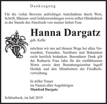 Traueranzeige von Hanna Dargatz (geb. Kelle)  von Magdeburger Volksstimme