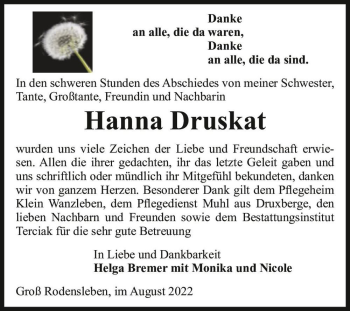 Traueranzeige von Hanna Druskat  von Magdeburger Volksstimme