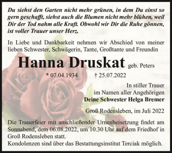 Traueranzeige von Hanna Druskat (geb. Peters)  von Magdeburger Volksstimme