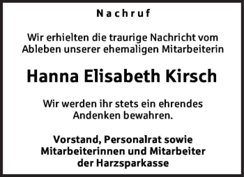 Traueranzeige von Hanna Elisabeth Kirsch  von Magdeburger Volksstimme
