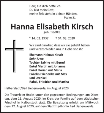 Traueranzeige von Hanna Elisabeth Kirsch (geb. Tiedtke)  von Magdeburger Volksstimme