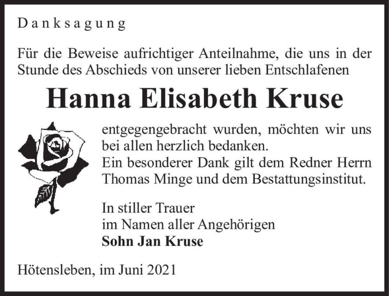  Traueranzeige für Hanna Elisabeth Kruse  vom 26.07.2021 aus Magdeburger Volksstimme