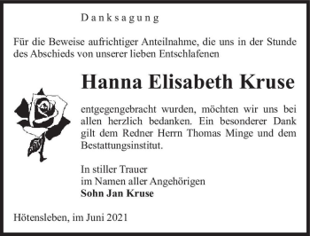 Traueranzeige von Hanna Elisabeth Kruse  von Magdeburger Volksstimme