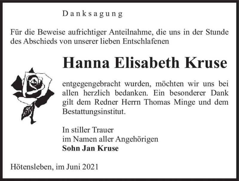  Traueranzeige für Hanna Elisabeth Kruse  vom 03.07.2021 aus Magdeburger Volksstimme