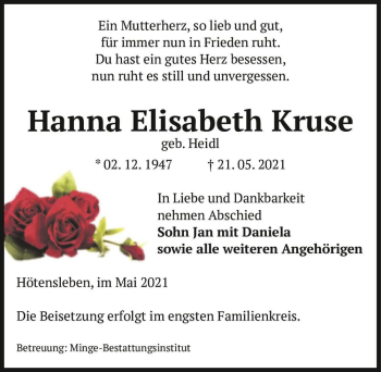 Traueranzeige von Hanna Elisabeth Kruse (geb. Heidl)  von Magdeburger Volksstimme