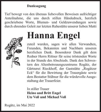 Traueranzeige von Hanna Engel  von Magdeburger Volksstimme