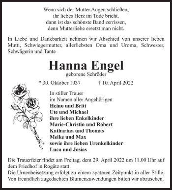 Traueranzeige von Hanna Engel (geb. Schröder)  von Magdeburger Volksstimme
