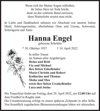 Traueranzeige von Hanna Engel (geb. Schröder)  von Magdeburger Volksstimme