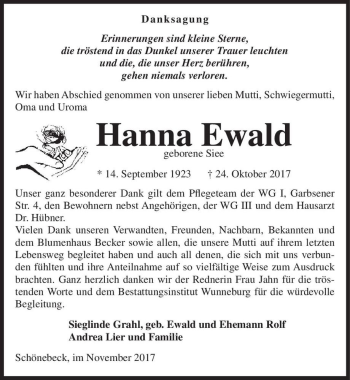Traueranzeige von Hanna Ewald (geb. Siee)  von Magdeburger Volksstimme