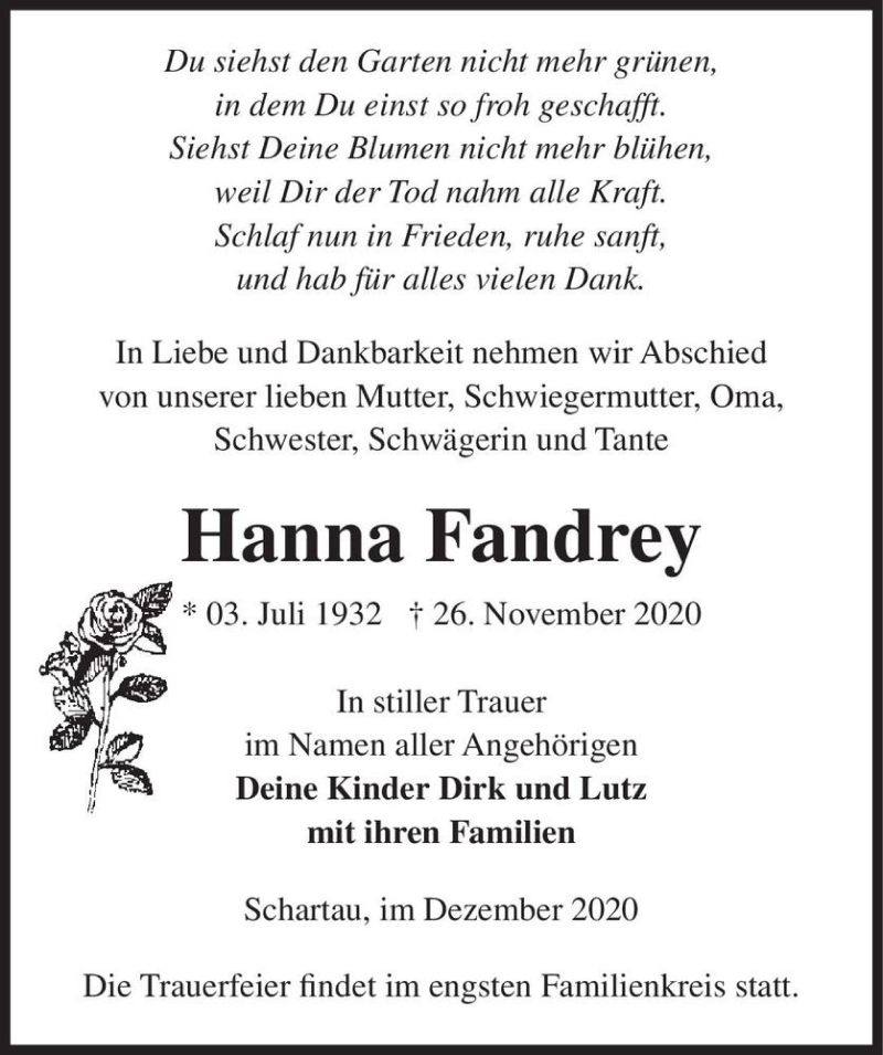  Traueranzeige für Hanna Fandrey  vom 12.12.2020 aus Magdeburger Volksstimme