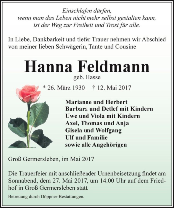 Traueranzeige von Hanna Feldmann (geb. Hasse)  von Magdeburger Volksstimme