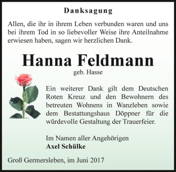 Traueranzeige von Hanna Feldmann (geb. Hasse)  von Magdeburger Volksstimme