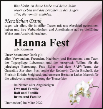 Traueranzeige von Hanna Fest  von Magdeburger Volksstimme