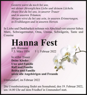 Traueranzeige von Hanna Fest (geb. Riemann)  von Magdeburger Volksstimme