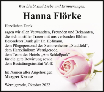 Traueranzeige von Hanna Flörke  von Magdeburger Volksstimme