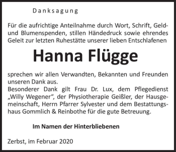 Traueranzeige von Hanna Flügge  von Magdeburger Volksstimme