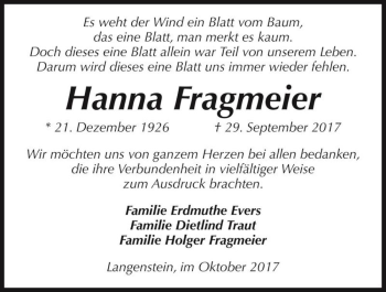 Traueranzeige von Hanna Fragmeier  von Magdeburger Volksstimme