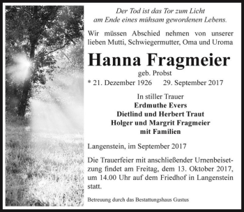 Traueranzeige von Hanna Fragmeier (geb. Probst)  von Magdeburger Volksstimme