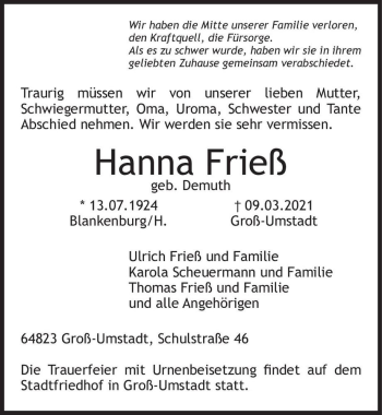 Traueranzeige von Hanna Frieß (geb. Demuth)  von Magdeburger Volksstimme