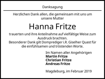 Traueranzeige von Hanna Fritze  von Magdeburger Volksstimme