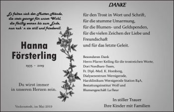 Traueranzeige von Hanna Försterling  von Magdeburger Volksstimme