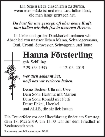 Traueranzeige von Hanna Försterling (geb. Schilling)  von Magdeburger Volksstimme