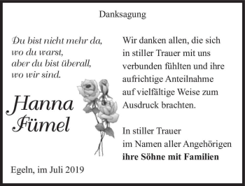 Traueranzeige von Hanna Fümel  von Magdeburger Volksstimme