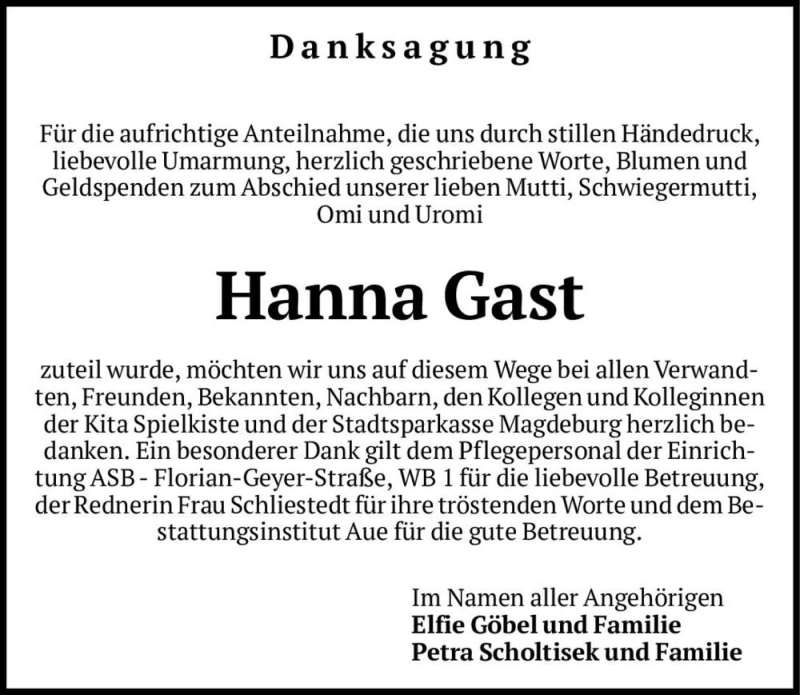  Traueranzeige für Hanna Gast  vom 09.06.2018 aus Magdeburger Volksstimme