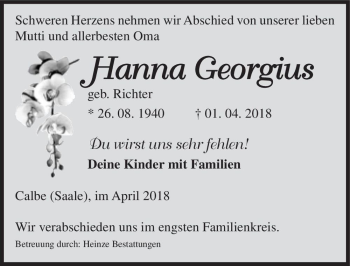 Traueranzeige von Hanna Georgius (geb. Richter)  von Magdeburger Volksstimme