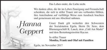 Traueranzeige von Hanna Geppert  von Magdeburger Volksstimme