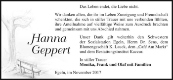 Traueranzeige von Hanna Geppert  von Magdeburger Volksstimme