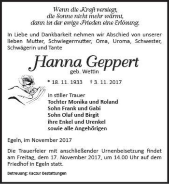 Traueranzeige von Hanna Geppert (geb. Wettin)  von Magdeburger Volksstimme