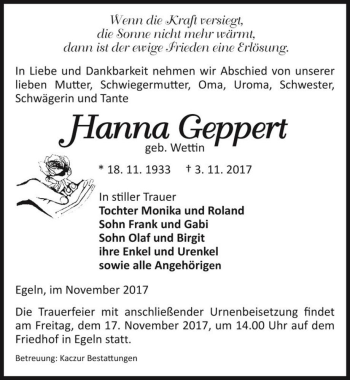 Traueranzeige von Hanna Geppert (geb. Wettin)  von Magdeburger Volksstimme