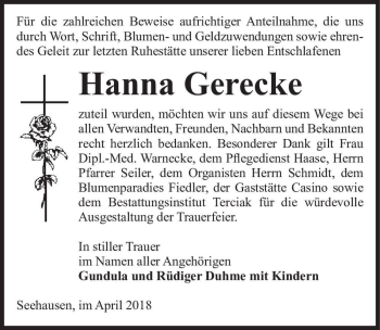 Traueranzeige von Hanna Gerecke  von Magdeburger Volksstimme