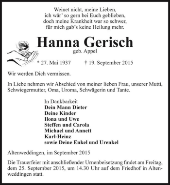 Traueranzeige von Hanna Gerisch (geb. Appel)  von Magdeburger Volksstimme