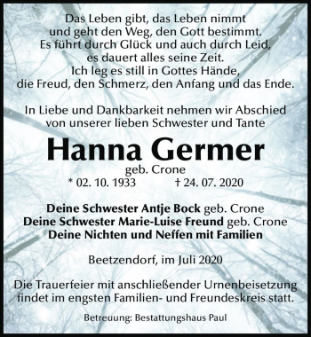 Traueranzeige von Hanna Germer (geb. Crone)  von Magdeburger Volksstimme
