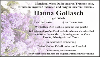 Traueranzeige von Hanna Golasch (geb. Wirth)  von Magdeburger Volksstimme