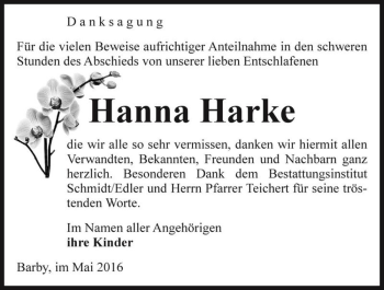 Traueranzeige von Hanna Harke  von Magdeburger Volksstimme