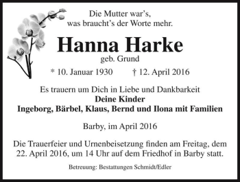 Traueranzeige von Hanna Harke (geb. Grund)  von Magdeburger Volksstimme