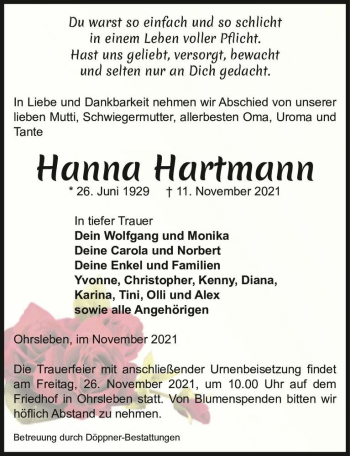 Traueranzeige von Hanna Hartmann  von Magdeburger Volksstimme